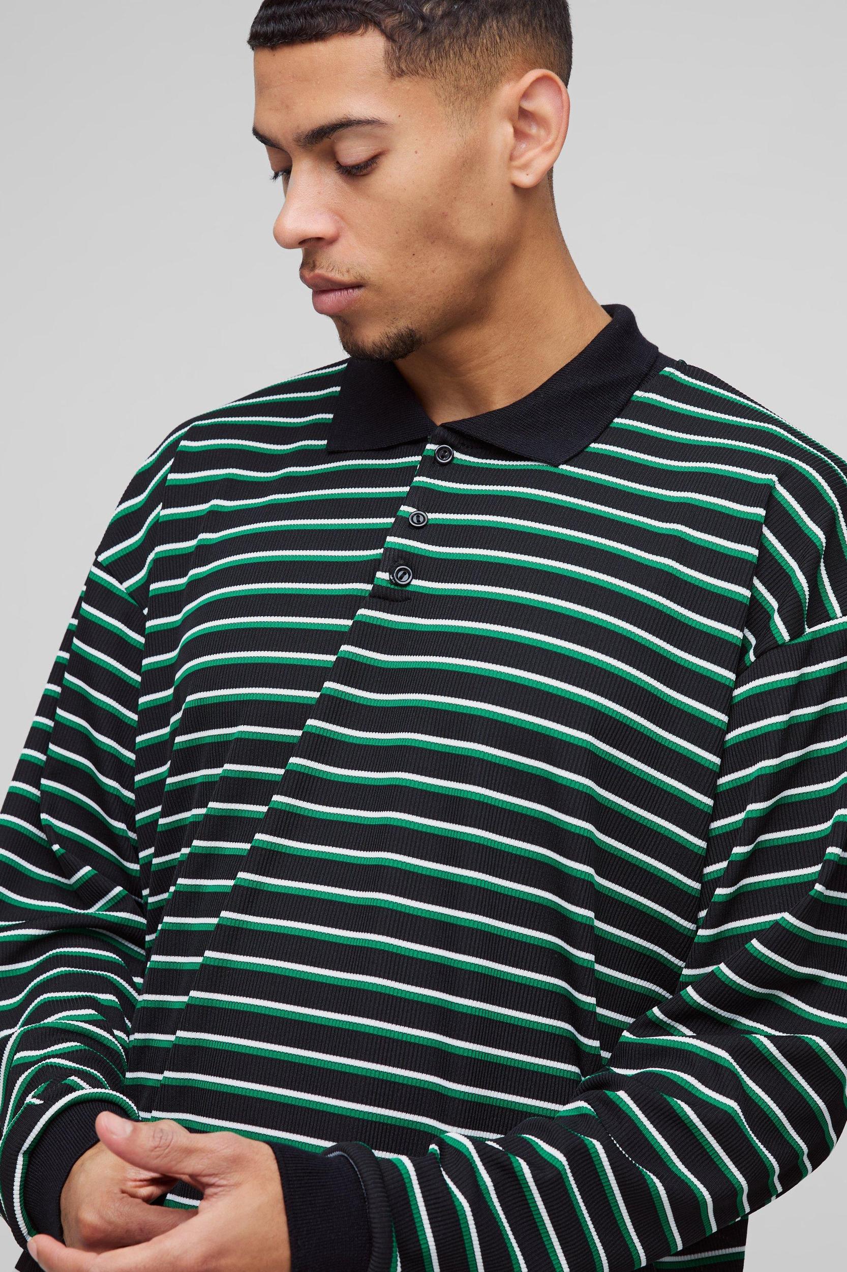 Oversized Boxy Stripe Rib Rugby Polo | boohooMAN USA Product Image