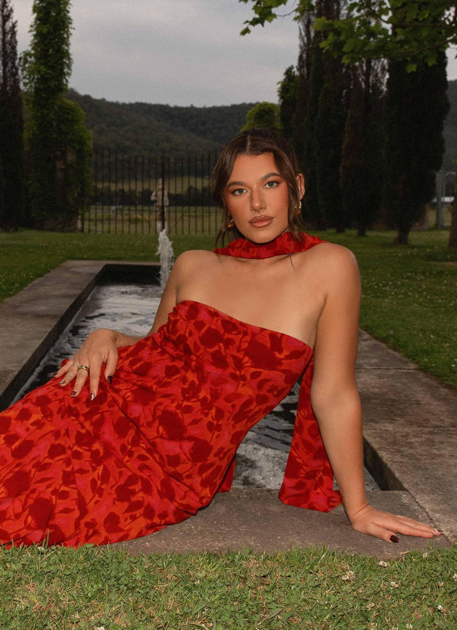 Under The Pagoda Maxi Dress - Deep Red Floral Product Image