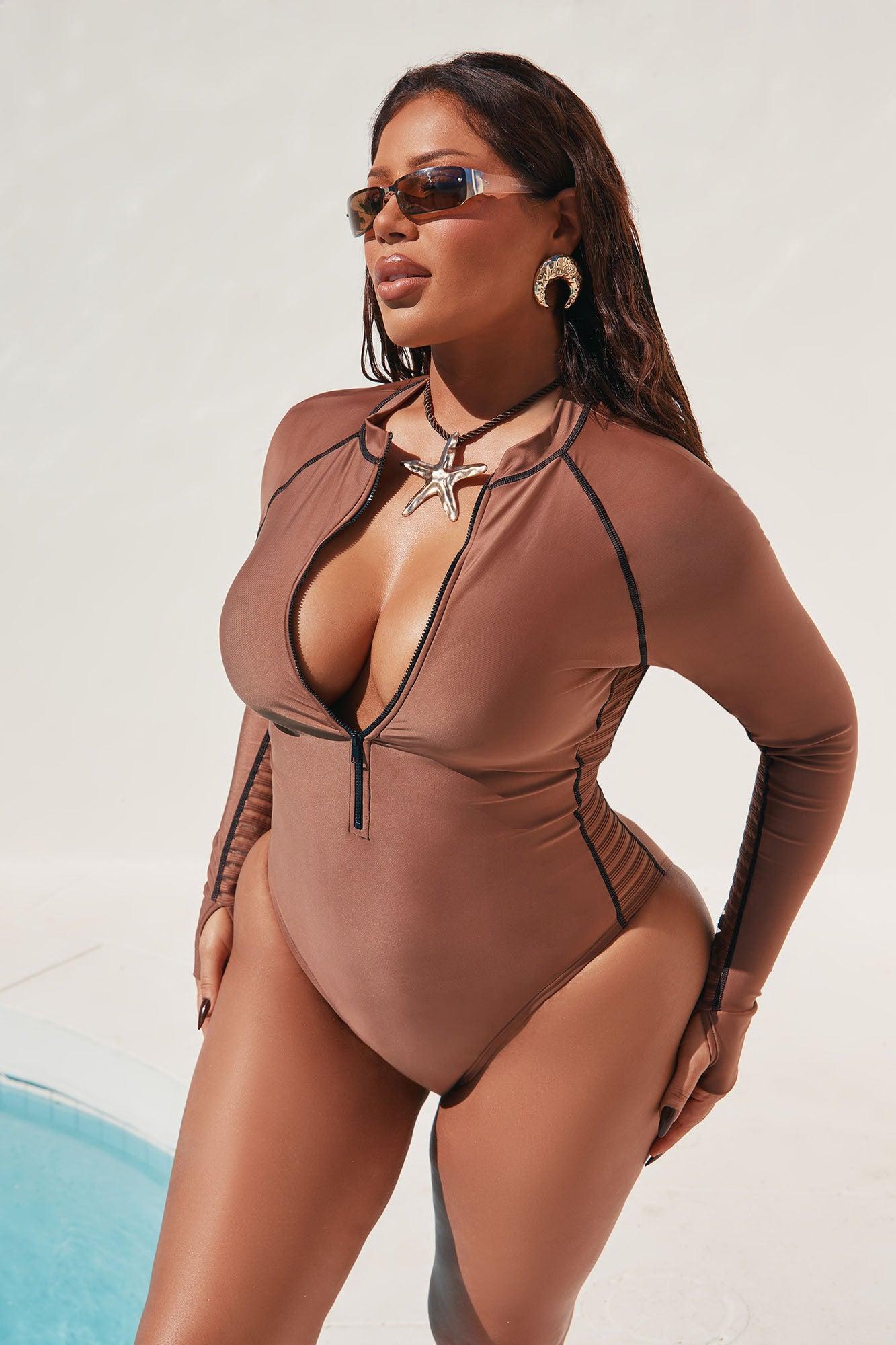 Cassandra Long Sleeve 1 Piece Swimsuit - Mocha/combo Product Image
