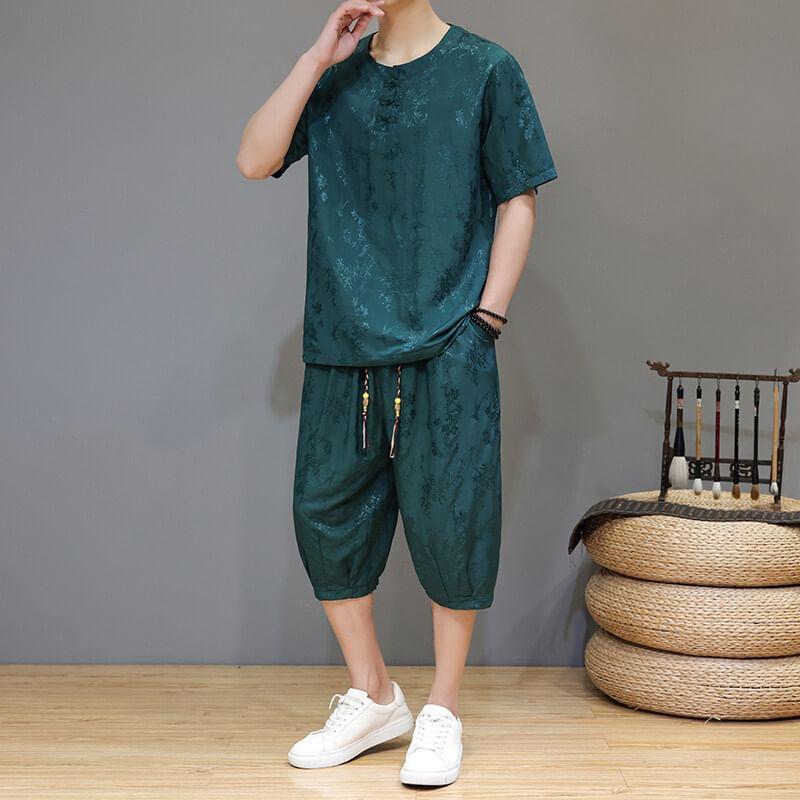Set: Short Sleeve Round Neck Frog Closure Jacquard Top + Drawstring Waist Capri Tapered Pants Product Image