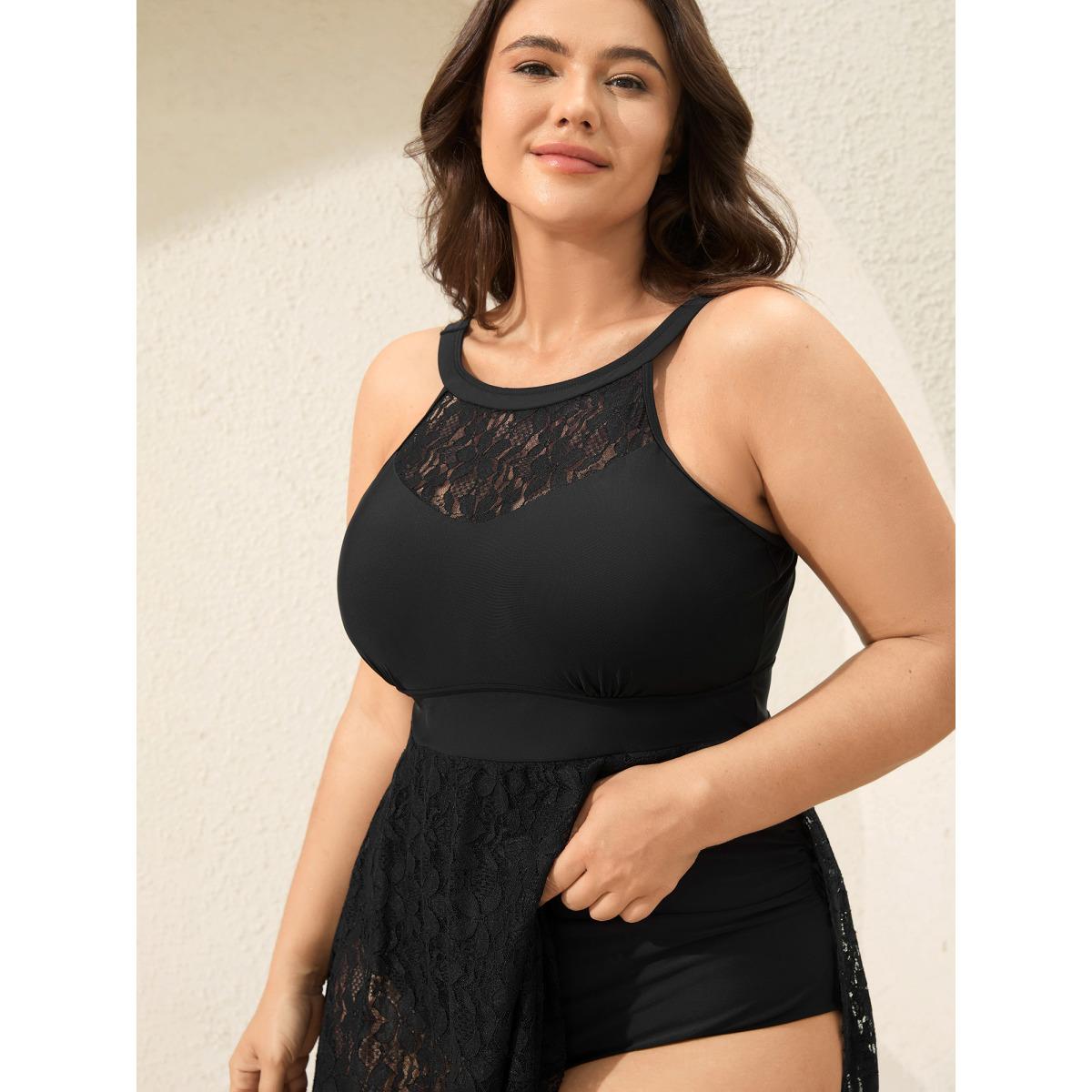 Plus Size Lace Sheer Slit Adjustable Straps Swim Dress Women's Swimwear Black Resort Bodycon Halter neck High stretch Curve Swim Dresses BloomChic 18-20/2X Product Image