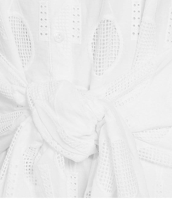 Trina Turk Rally Eyelet Point Collar Sleeveless Tie Front Scallop Dress Product Image