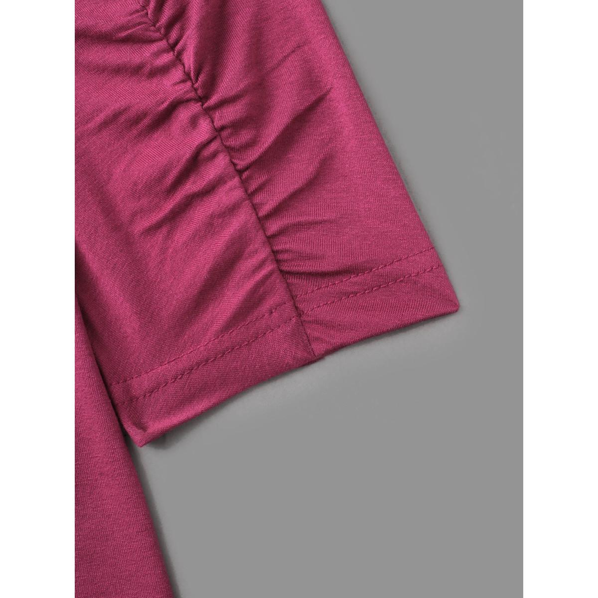 Plus Size Solid V Neck Lace Patchwork T-shirt RedViolet Women Elegant Woven ribbon&lace trim V-neck Everyday T-shirts BloomChic 14-16/1X Product Image