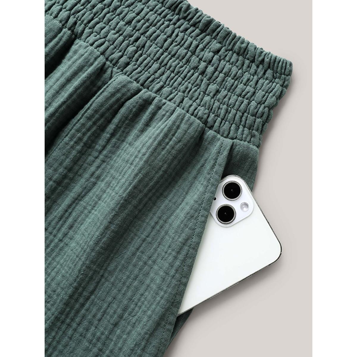 Plus Size Cotton Shirred Textured Wide-Leg Pants Women Teal Boho Wide Leg Mid Rise Vacation Pants BloomChic 26/4X Product Image