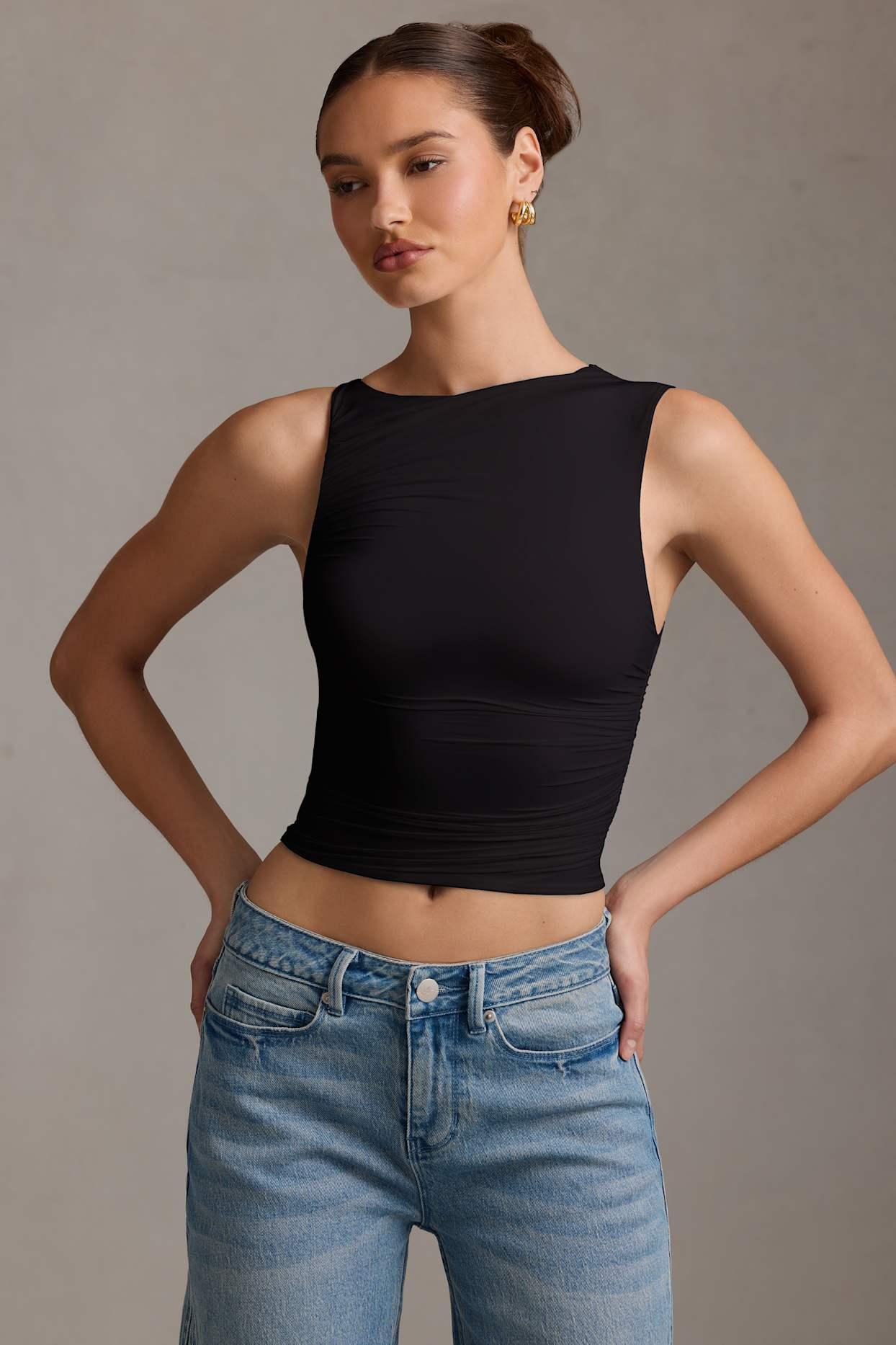 Asymmetric Ruched Tank Top in Black Product Image