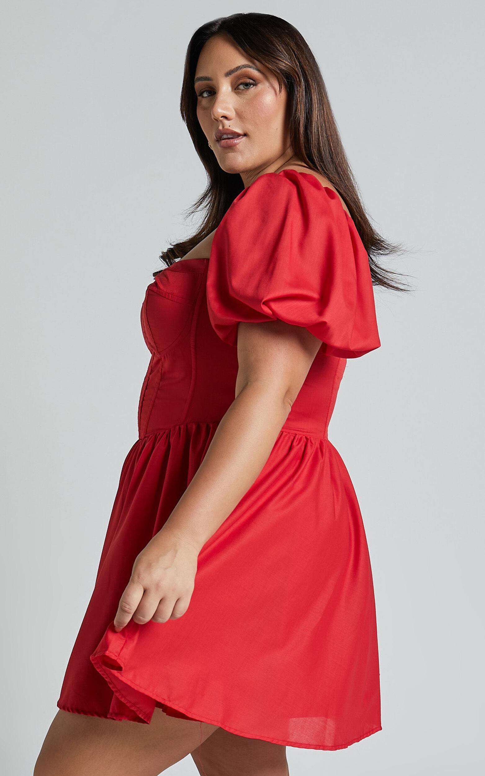 Souza Mini Dress - Fit and Flare Puff Sleeve Corset Dress in Red Product Image