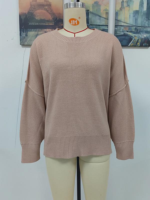 Casual Long Sleeves Loose Split-Side Solid Color Round-Neck Sweater Tops Product Image