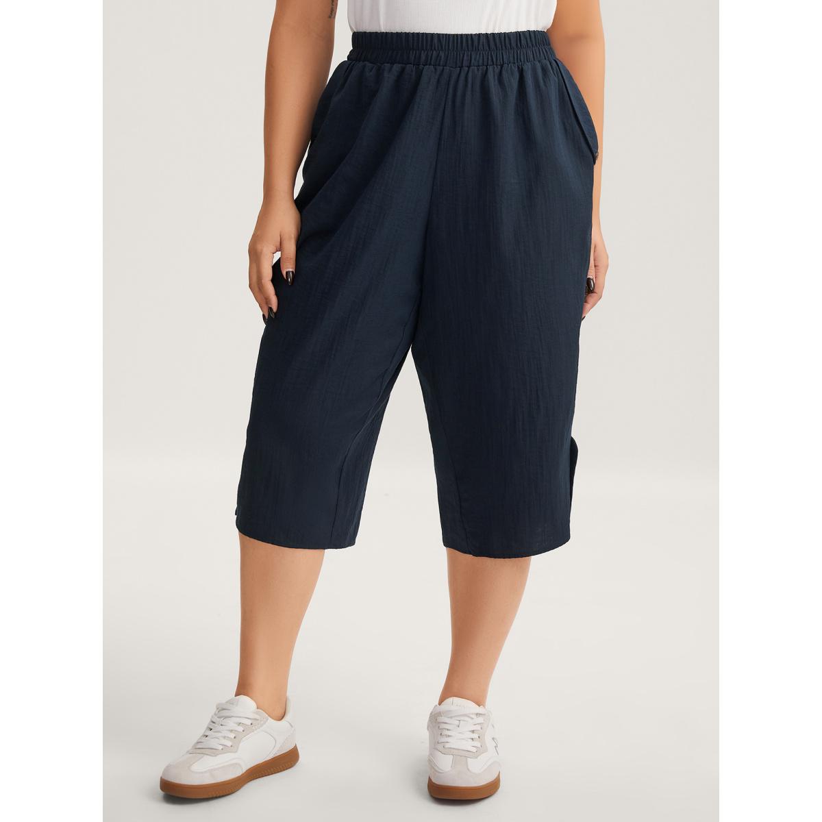 Plus Size Button Hem Straight-Leg Crop Pants Women Midnight Leisure Straight Leg Mid Rise Casual Pants BloomChic 22-24/3X Product Image