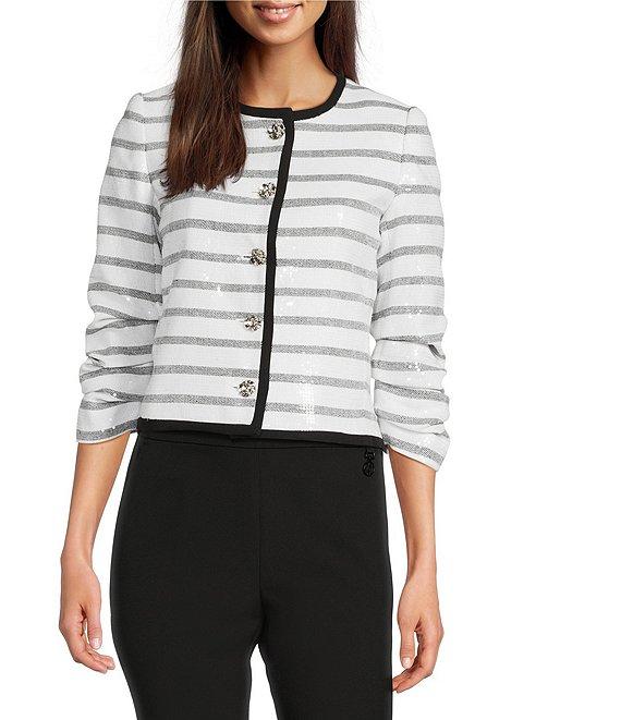 KARL LAGERFELD PARIS Sequin Stripe Round Neck Long Sleeve Jacket Product Image