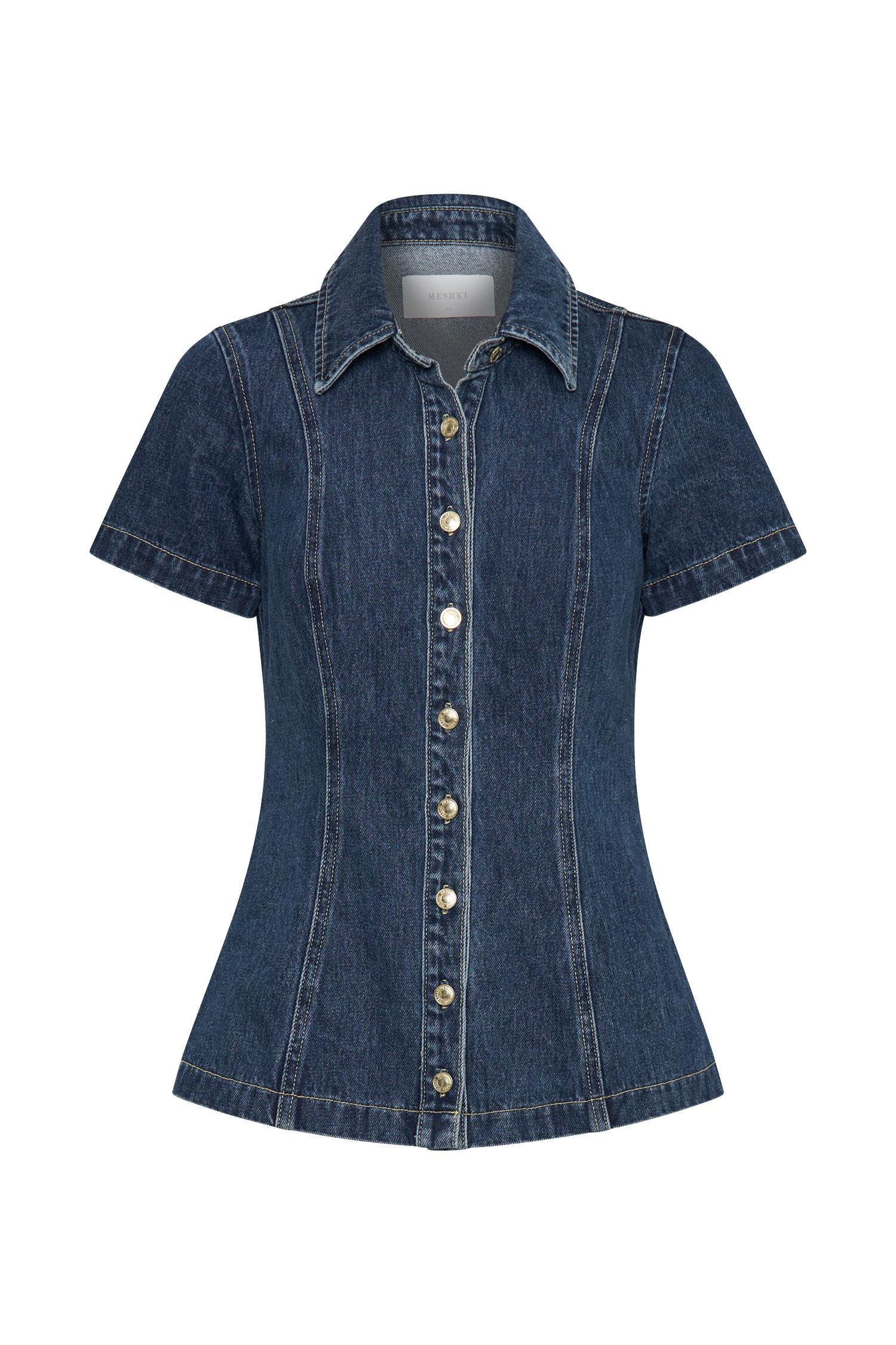 Ellie Denim Short Sleeve Top - Dark Blue Product Image
