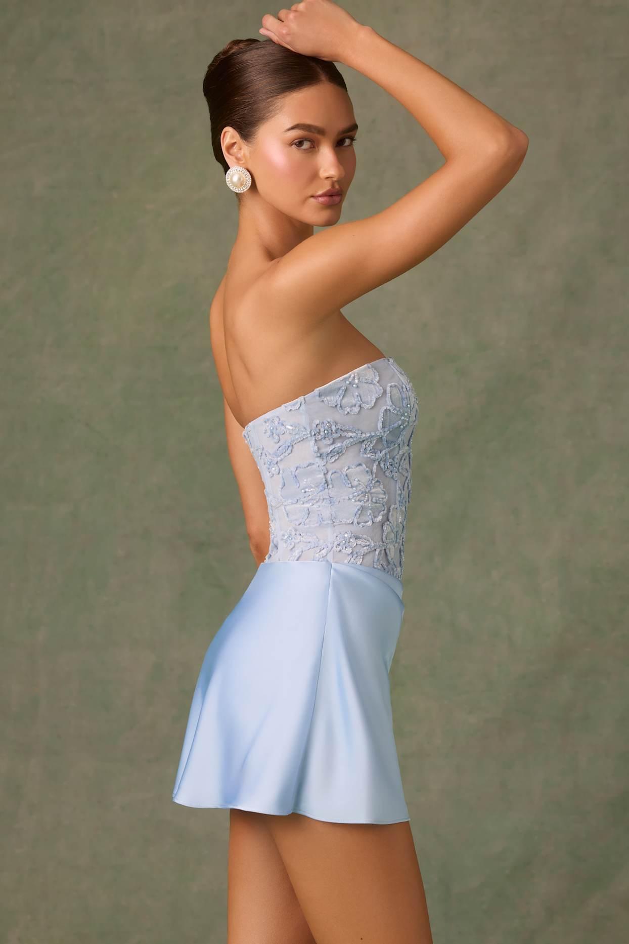 Embellished Draped Strapless A-Line Mini Dress in Sky Blue Product Image