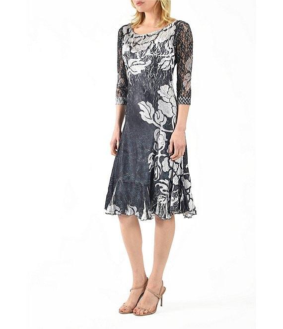 Komarov Floral Print Charmeuse Lace Boat Neck 3/4 Illusion Sleeve A-Line Dress Product Image