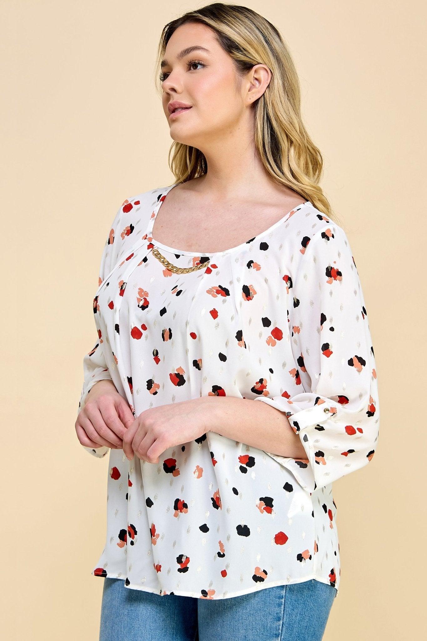 3/4 Button Cuff Sleeve 3 Button V-Neck Smock Shoulder Popover Lined Bubble Blouse - Plus Product Image