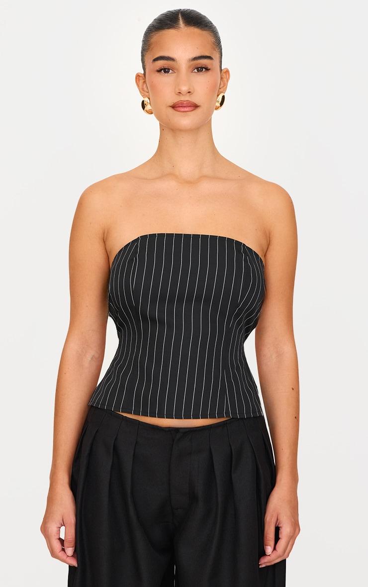 Black Pinstripe Backless Belt Long Top Product Image