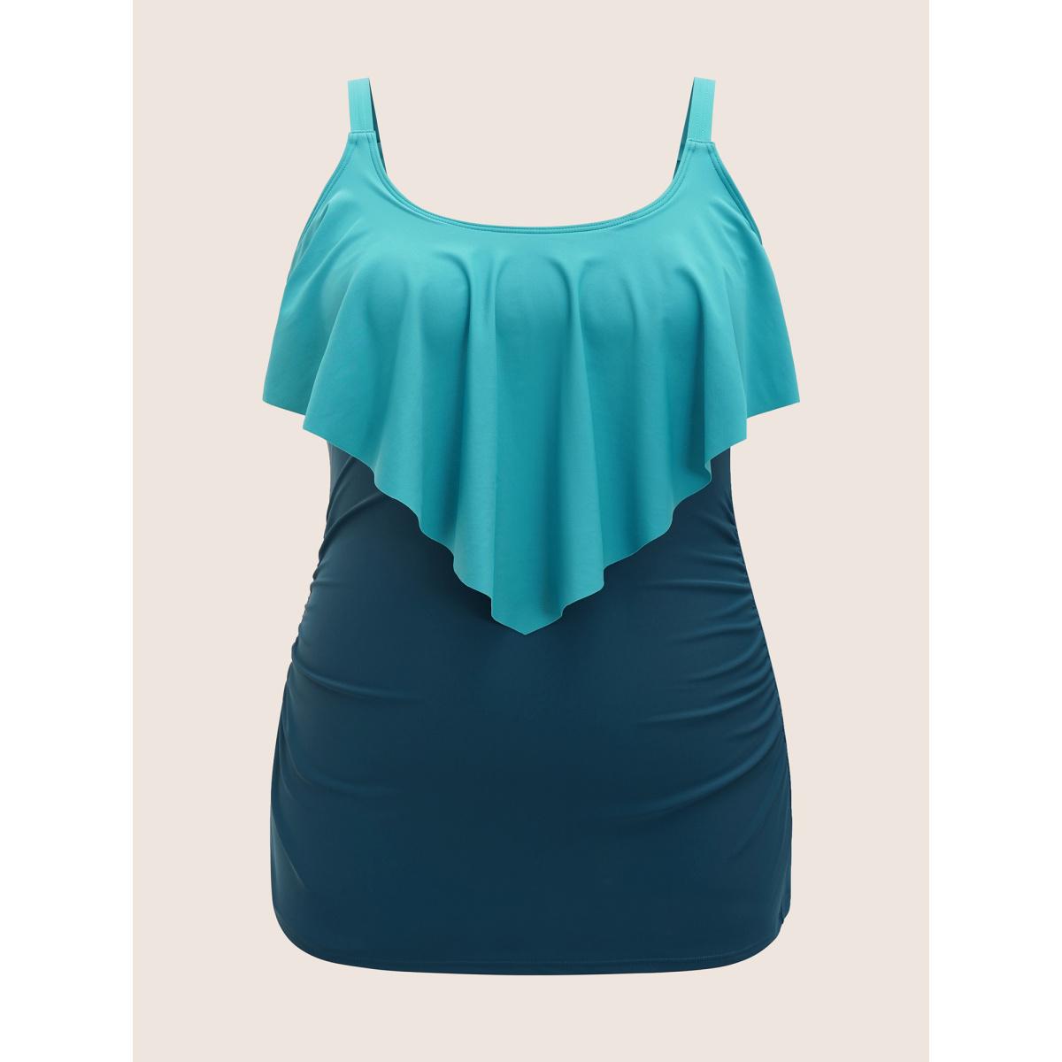 Plus Size Contrast Ruffles Adjustable Straps Swim Top Women's Swimwear Teal Beach Gathered High stretch Bodycon U-neck Curve Swim Tops BloomChic 18-20/2X Product Image