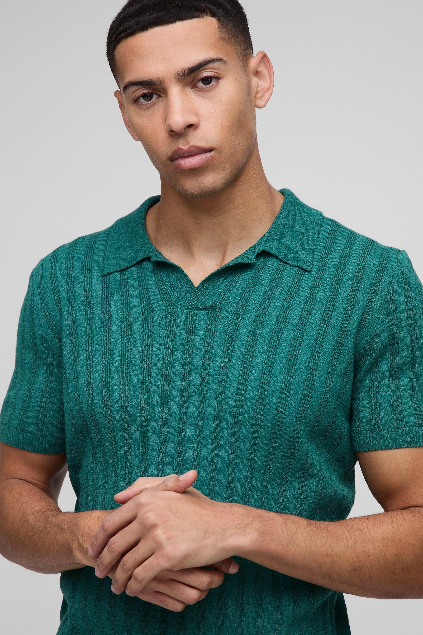 Regular Ribbed Panel Knitted Polo | boohooMAN USA Product Image