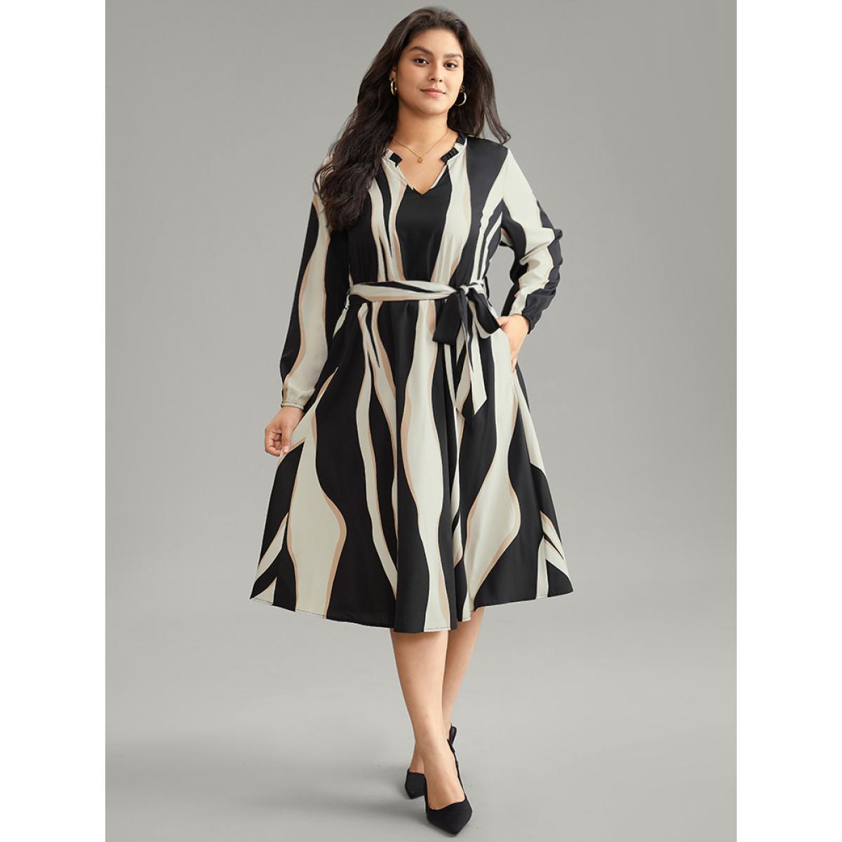 Plus Size Colorblock Striped Notched Belted Lantern Sleeve Dress Black Women At the Office Elastic cuffs Notched collar Long Sleeve Curvy Midi Dress BloomChic 22-24/3X Product Image