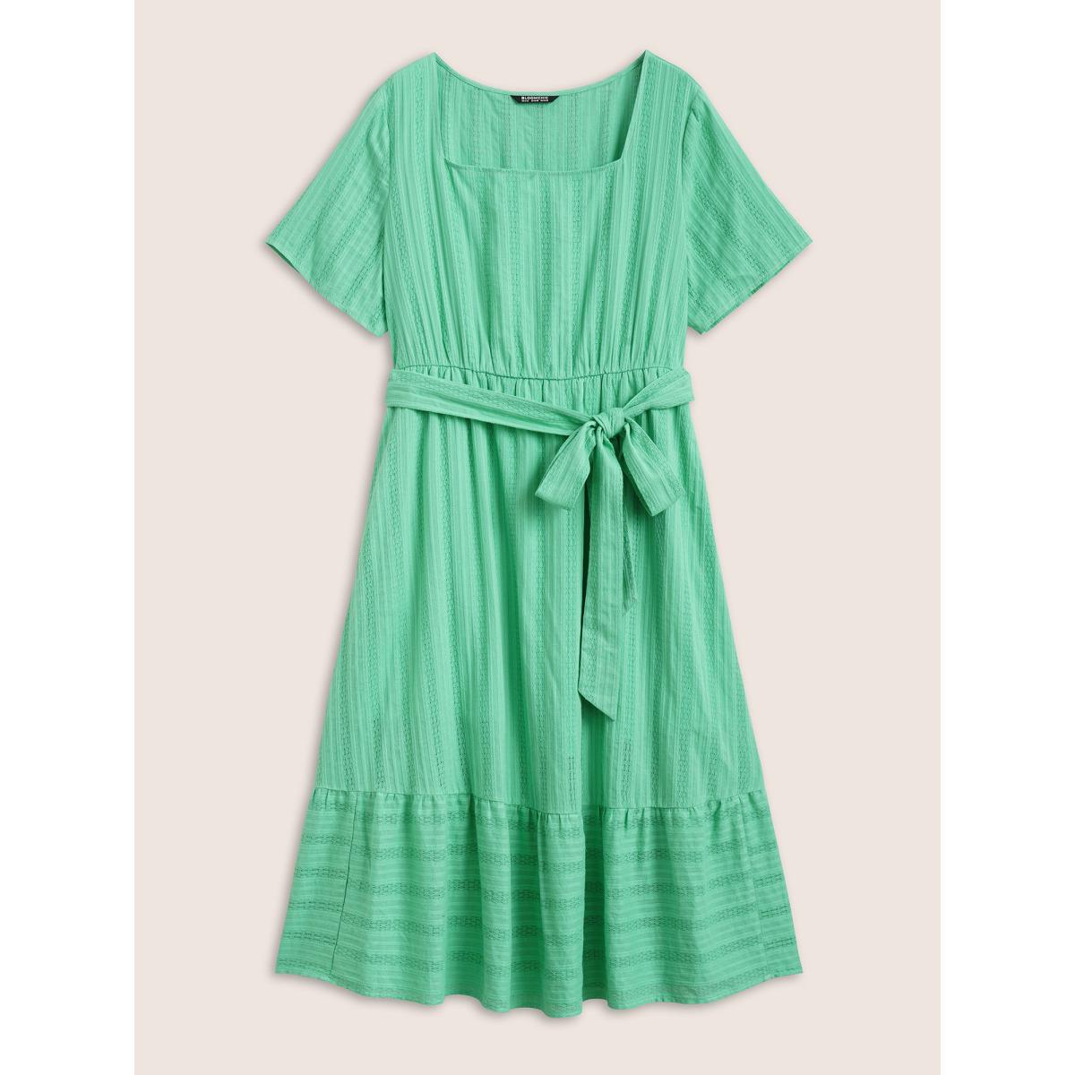 Plus Size Square Neck Texture Patchwork Ruffle Hem Dress Aquamarine Women Resort Texture Square Neck Short sleeve Curvy Midi Dress BloomChic 22-24/3X Product Image