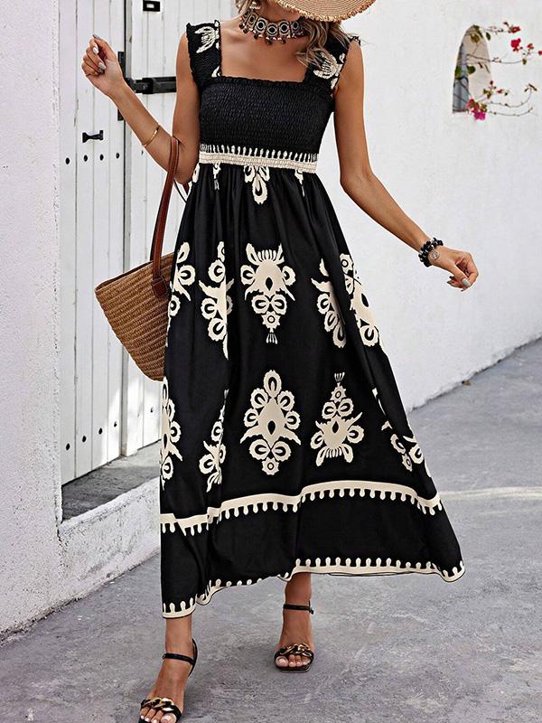 A-Line Loose Elasticity Pleated Printed Split-Joint Square-Neck Maxi Dresses Product Image