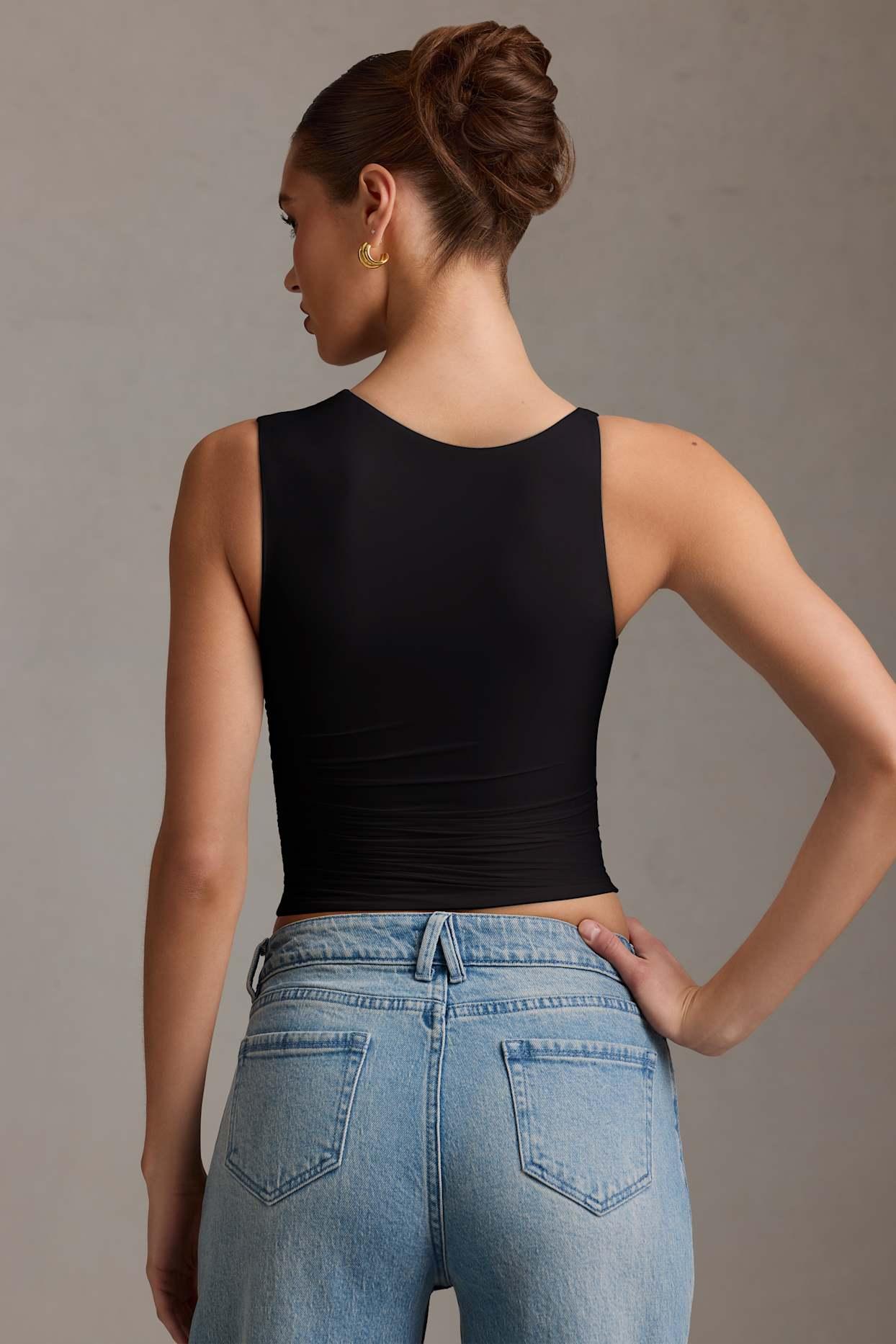 Asymmetric Ruched Tank Top in Black Product Image