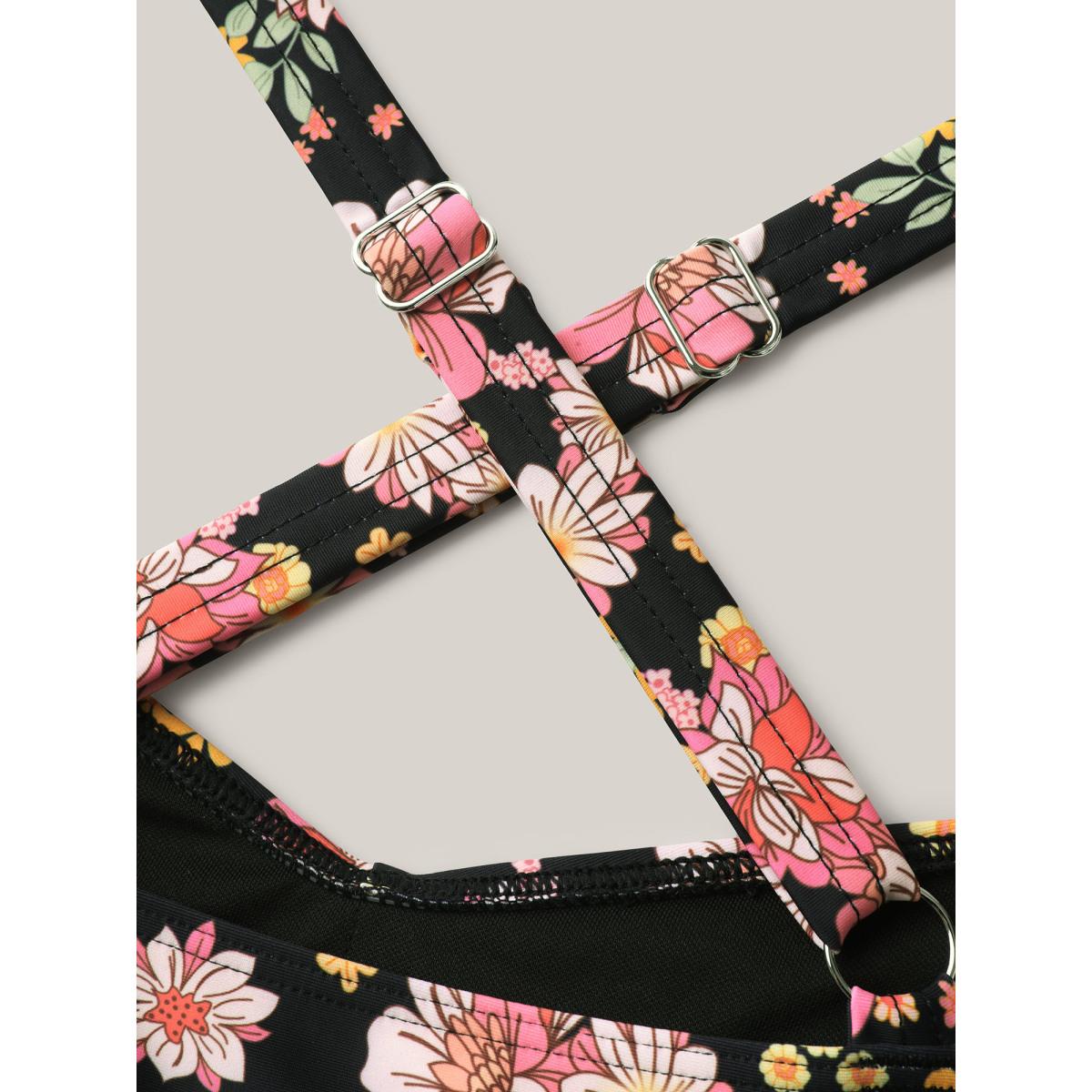 Plus Size Twist Front Floral Print Pockets Swim Dress Women's Swimwear Black Beach Bodycon Heart neckline High stretch Curve Swim Dresses BloomChic 22-24/3X Product Image