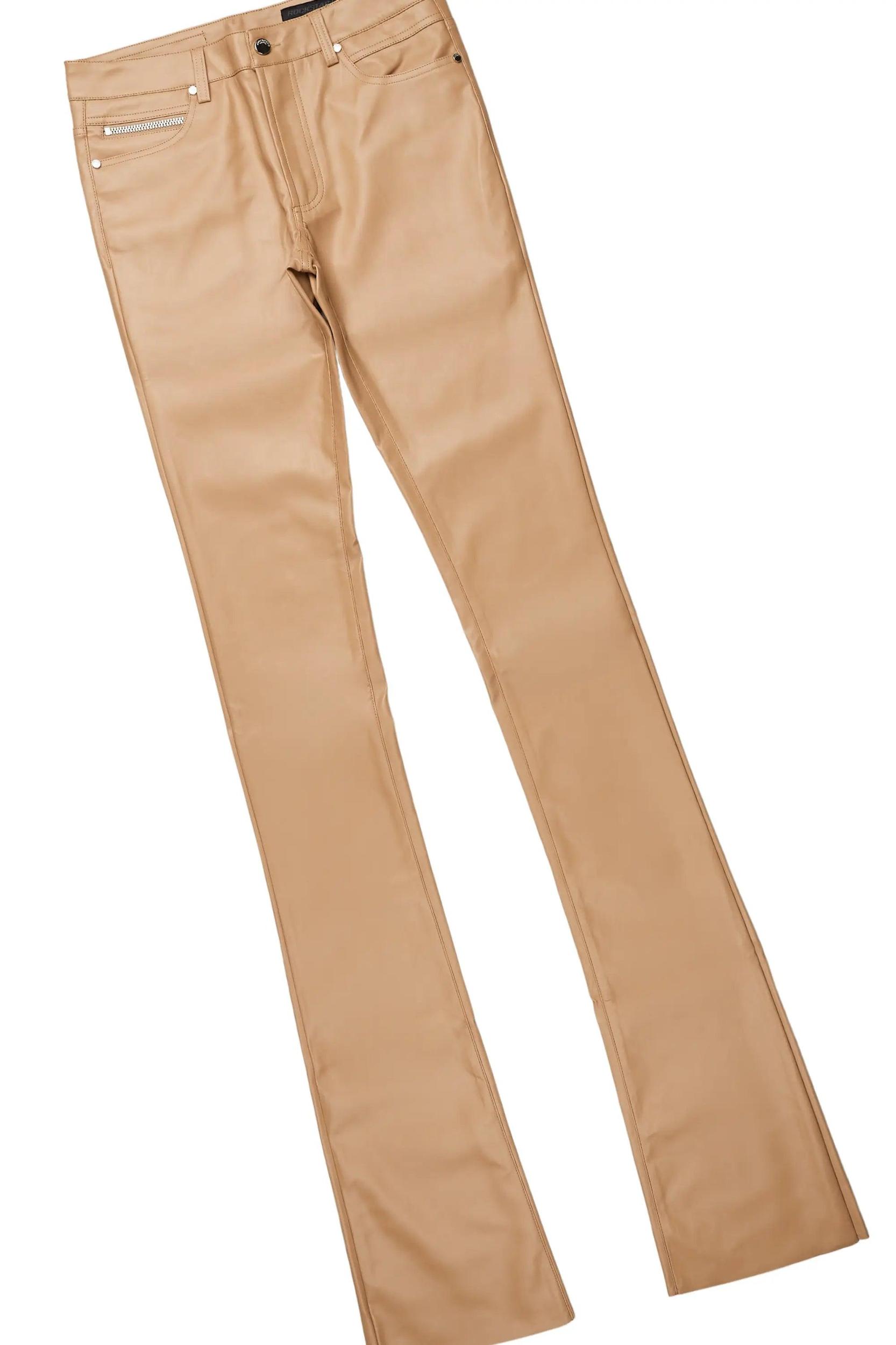 Badbich White T-Shirt & Ricky Tan Super Stacked Faux Leather Pant Bundle Male Product Image