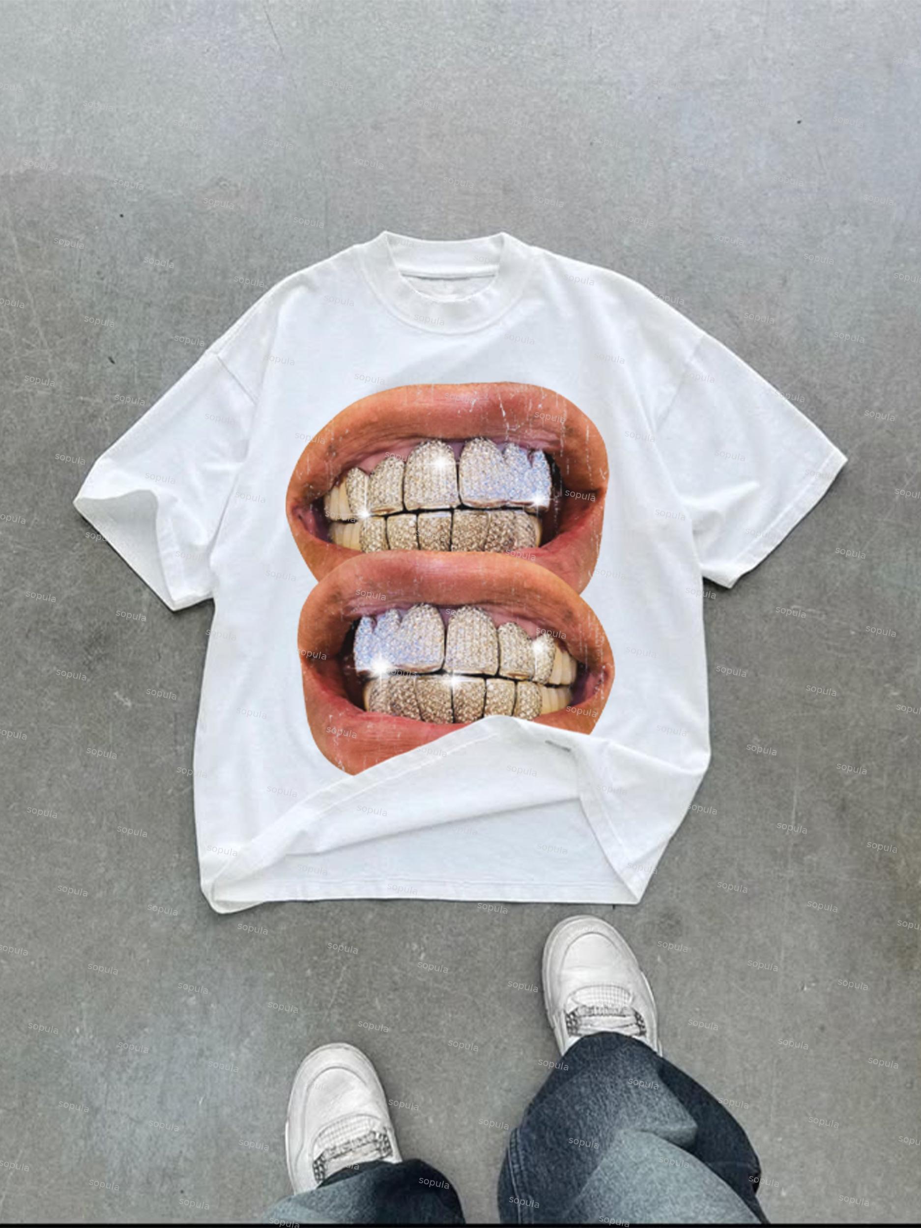 Street Vintage Diamond Braces Lip Graphic Cotton T-shirt Product Image