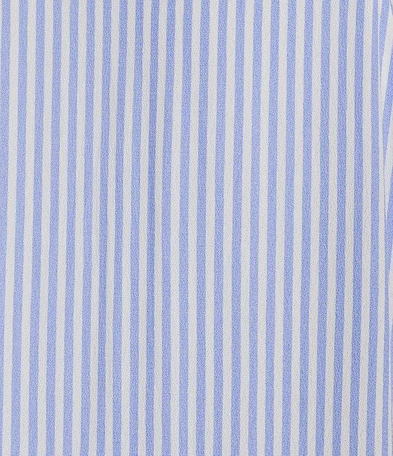 A Loves A Pinstripe Print Button Point Collar 3/4 Blouson Cuff Sleeve Tiered Waistless Midi Shirt Dress Product Image