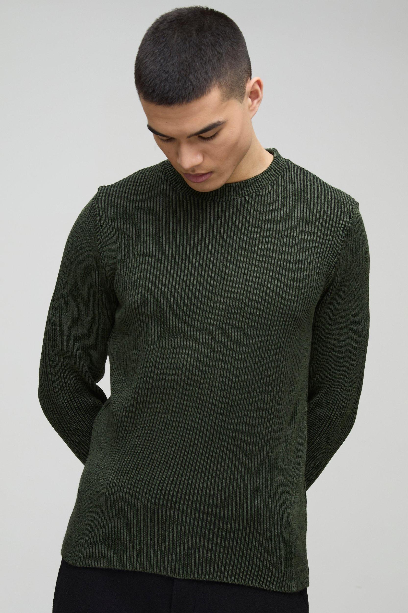 Regular Crew Neck Plated Ribbed Knit Sweater | boohooMAN USA Product Image