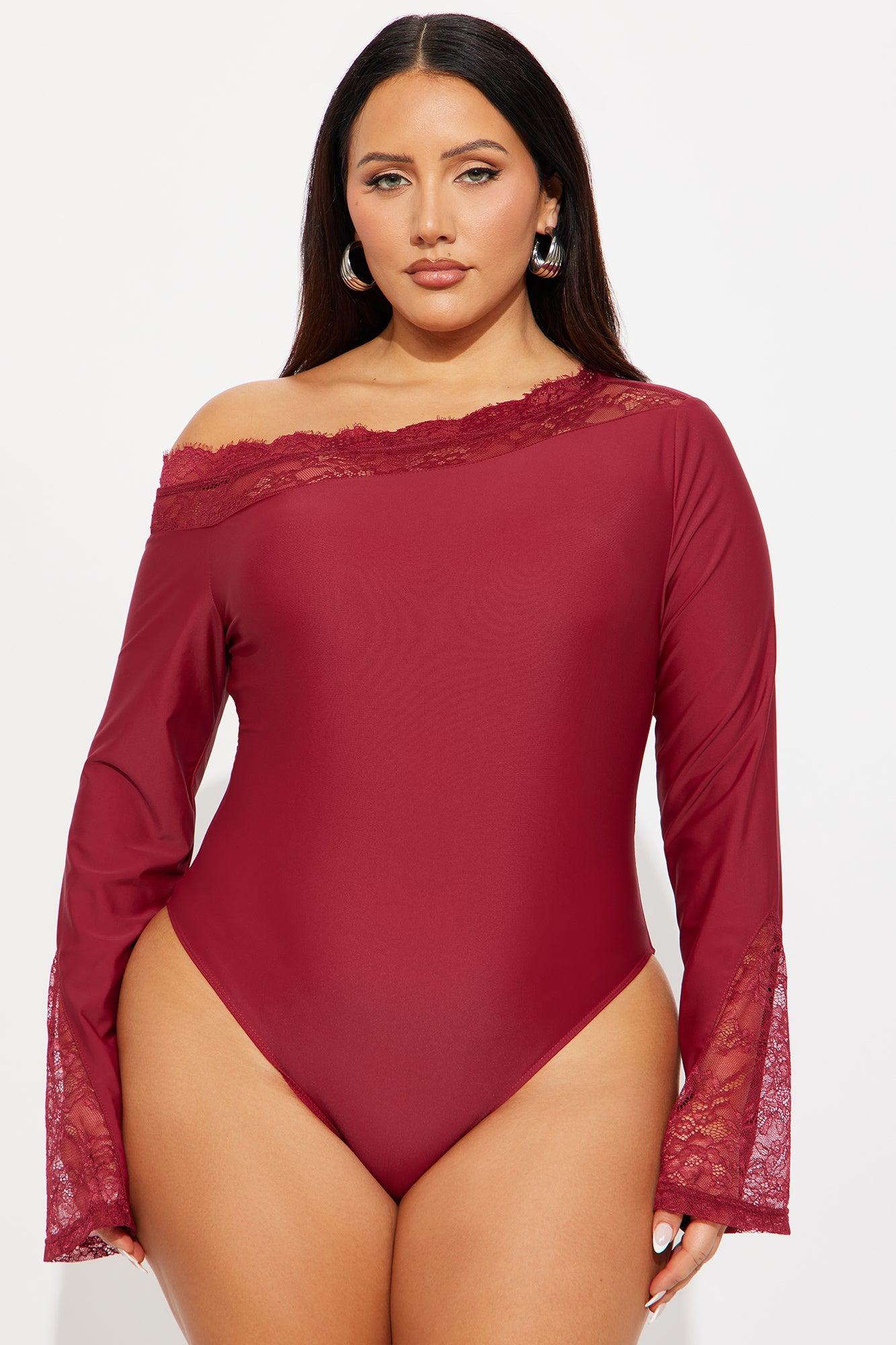 Château Living Off Shoulder Lace Trim Bodysuit - Burgundy Female Product Image