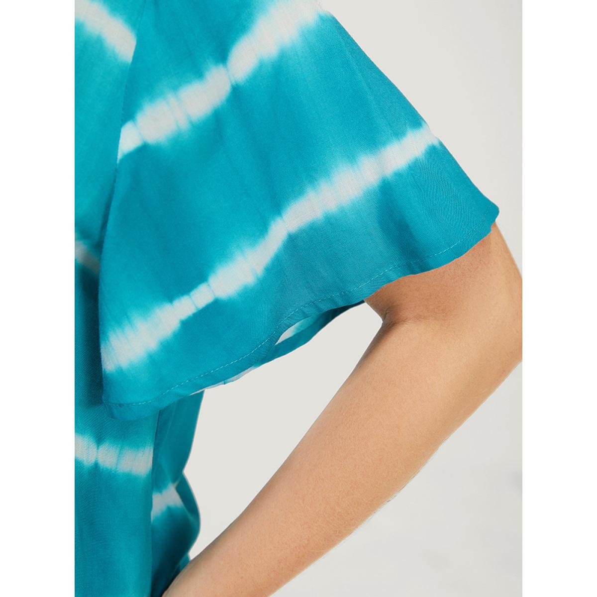 Plus Size Cerulean Tie Dye Contrast Trim Striped Blouse Women Vacation Short sleeve V-neck Dailywear Blouses BloomChic 22-24/3X Product Image