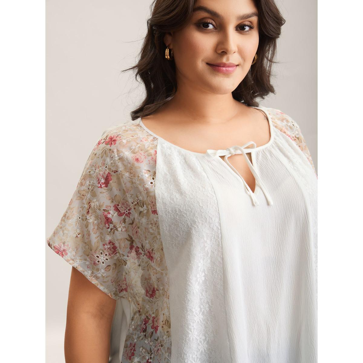 Plus Size Originalwhite Floral Print Panel Sheer Keyhole Blouse Women Short sleeve Round Neck Elegant Blouses BloomChic 26/4X Product Image