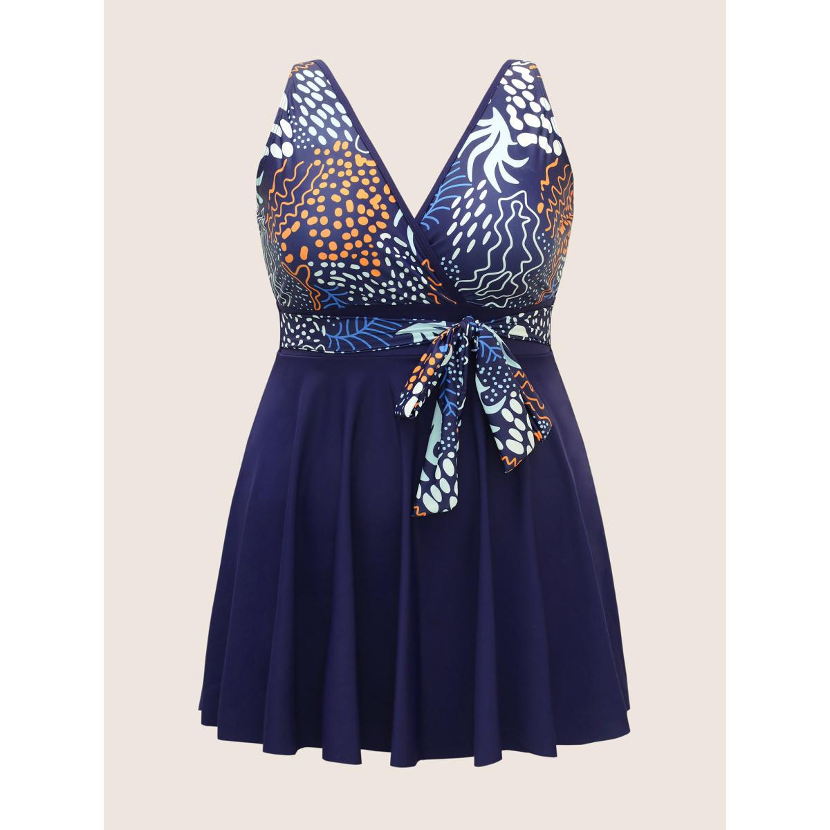 Plus Size Marine Elements Patchwork Tie Knot Swim Dress Women's Swimwear Indigo Beach Bodycon V-neck High stretch Curve Swim Dresses BloomChic 10/M Product Image