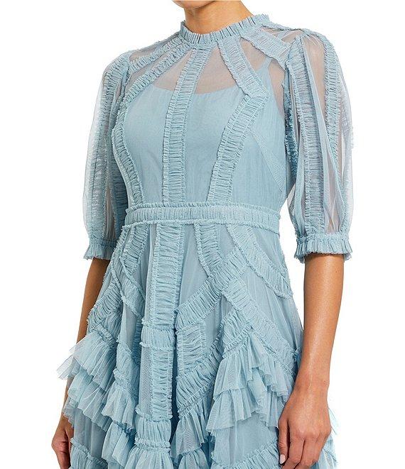 Mac Duggal Mock Neck Short Sleeve Tiered Ruffled Pleated Embellished A-Line Midi Dress Product Image