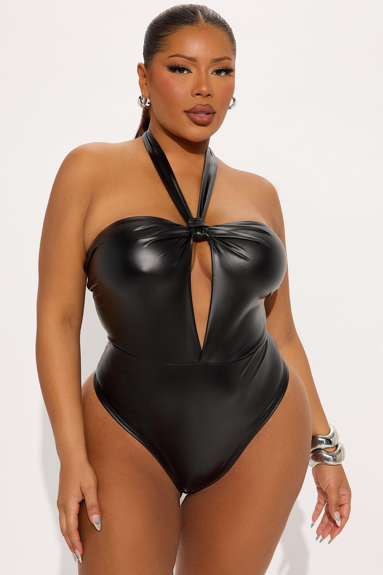No Reason Y-Neck Faux Leather Bodysuit - Black Female Product Image