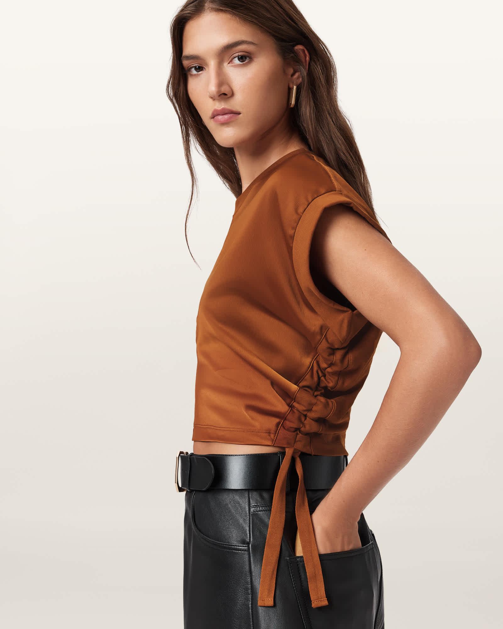 Mira Cropped Satin Drawcord T-Shirt RUST BROWN | ALLSAINTS US Product Image