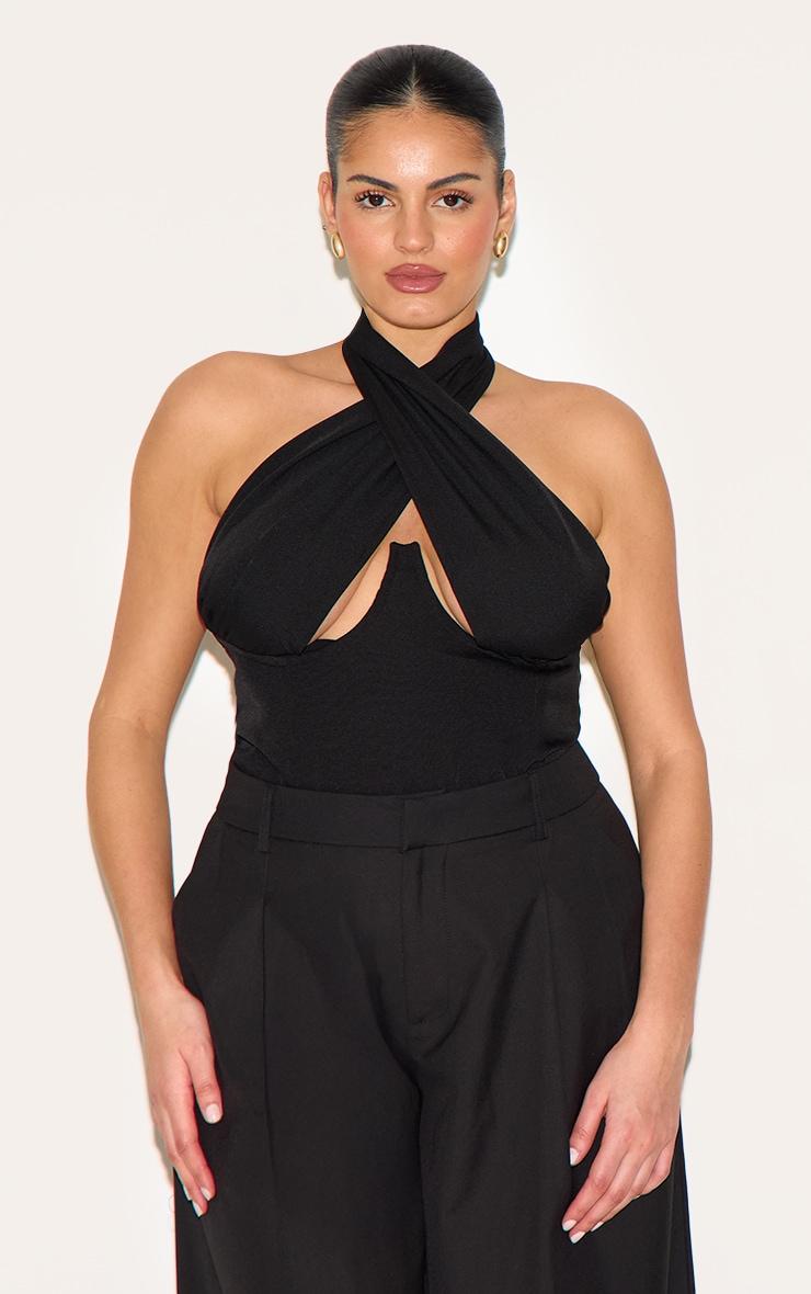 Plus Black Woven Cross Front Underwired Bodysuit Product Image