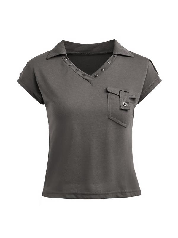 Solid V Neck Pocket Cropped Short Sleeve Tee Product Image