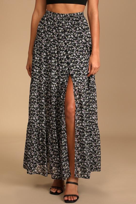 Subtle Sweetness Black Floral Print Tiered Maxi Skirt Product Image
