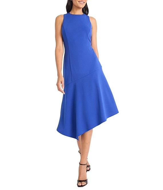 Maggy London Crew Neck Sleeveless Scuba Crepe Asymmetrical Hem Midi Dress Product Image