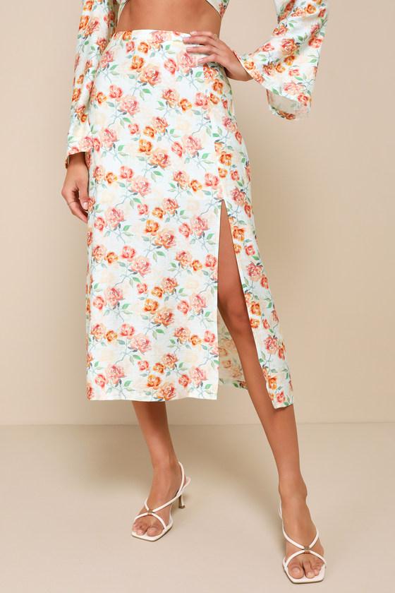Cute Expertise Light Sage Green Floral High-Waisted Midi Skirt Product Image