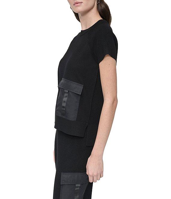 DKNY by Donna Karan Mixed Media Satin Cargo Pocket Crew Neck Short Sleeve Top Product Image