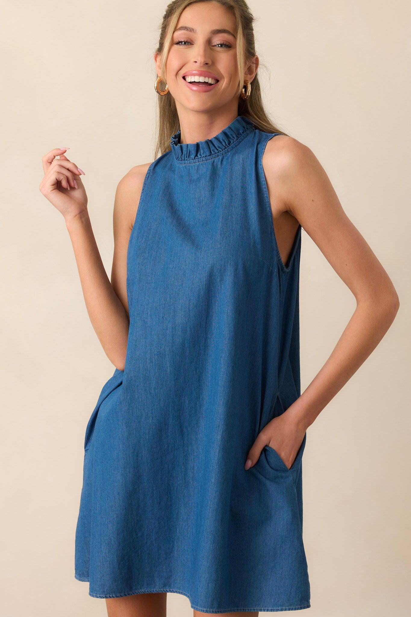 Simple Life Dark Wash Chambray Cotton Mini Dress Product Image
