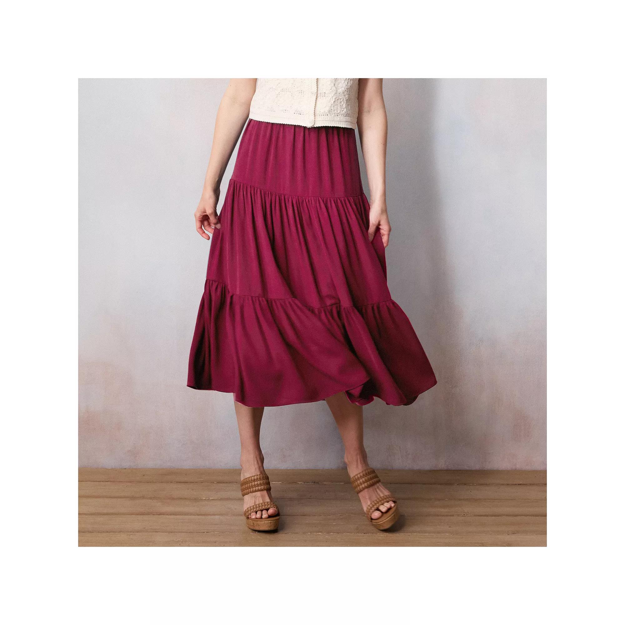 Women's LC Lauren Conrad Tiered Midi Skirt, Size: XL, Red Silk Product Image