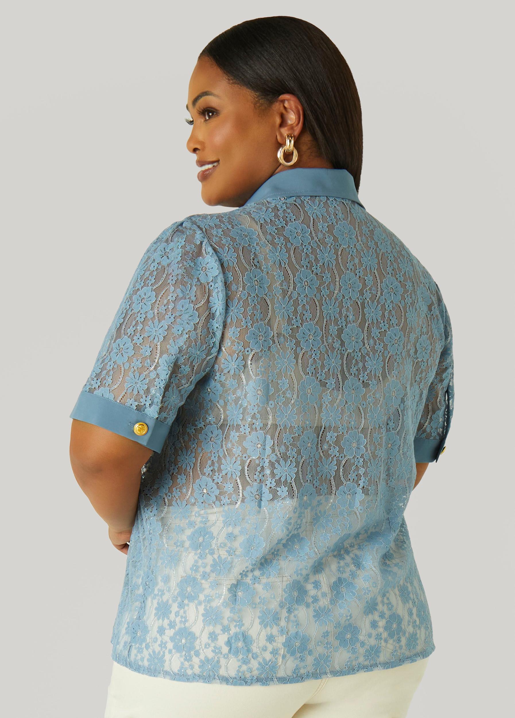 Plus Size Metallic Floral Lace Shirt Ashley Stewart Product Image
