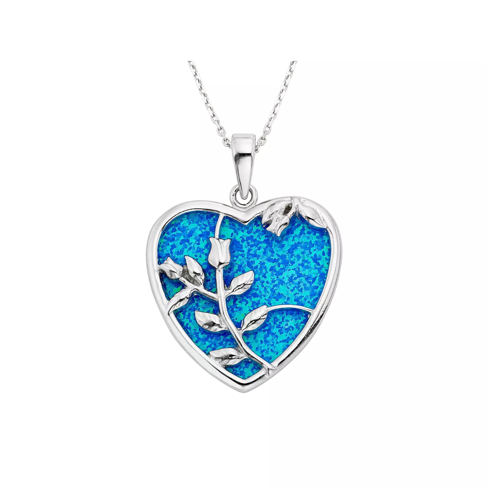 Lab-Created Blue Opal Sterling Silver Flower & Heart Pendant Necklace, Women's, Size: 18" Product Image