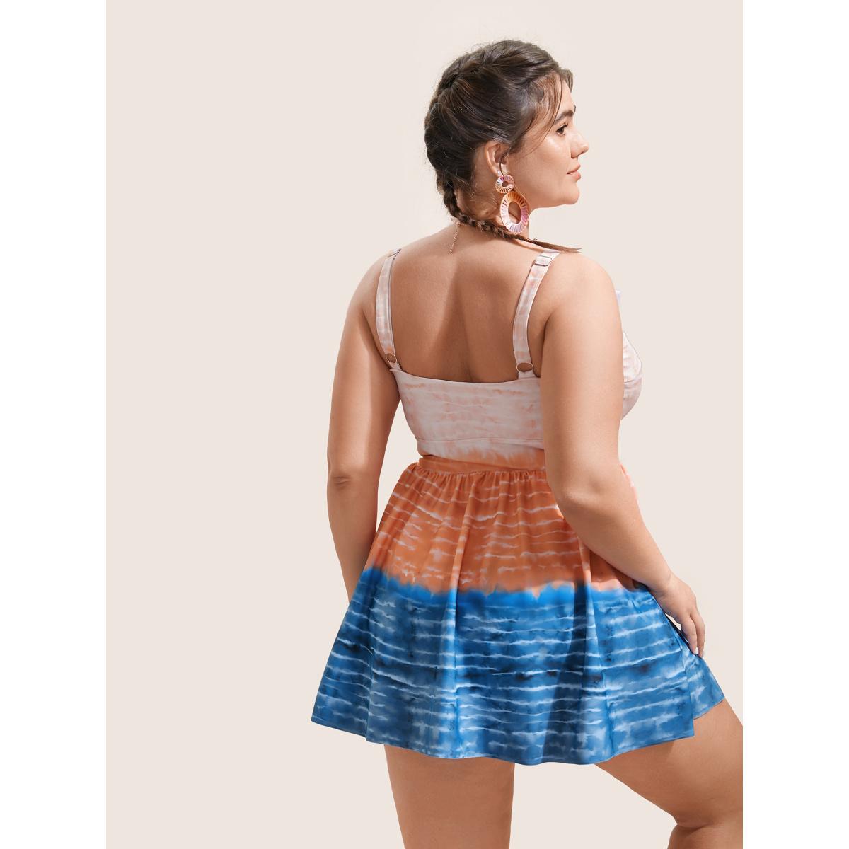 Plus Size Tie Dye Contrast Ruffles Trim Swim Dress Women's Swimwear Multicolor Beach Bodycon V-neck High stretch Curve Swim Dresses BloomChic 10/M Product Image