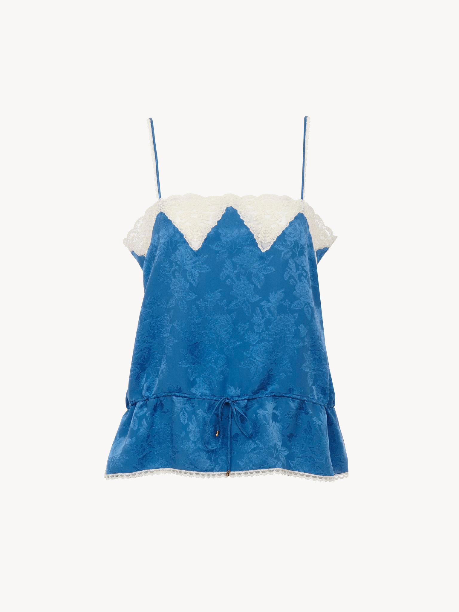 Drawstring camisole top in silk jacquard & lace Product Image