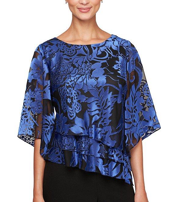 Alex Evenings Illusion Elbow Sleeve Boat Neck Asymmetrical Hem Triple Tier Chiffon Blouse Product Image