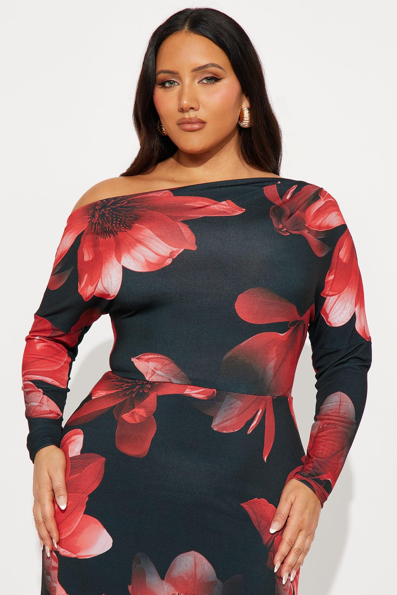 Brea Long Sleeve Floral Midi Dress - Black/Red Female Product Image